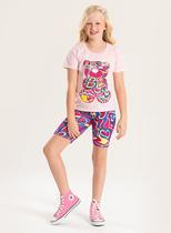 Conjunto Verão Menina Rosa Blusa e Shorts Ciclista Urso de Corações Conjunto Verão Menina Rosa Blusa e Shorts Ciclista Urso de Corações