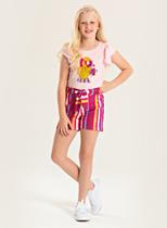 Conjunto Verão Menina Rosa Blusa e Shorts Com Amarração Laço e Listras Conjunto Verão Menina Rosa Blusa e Shorts Com Amarração Laço e Listras