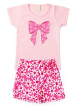 Conjunto Verão Menina Rosa Blusa e Shorts Saia Laço de Florzinhas - Molekada