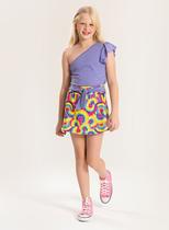 Conjunto Verão Menina Roxo Cropped um Ombro e Shorts Saia com Faixa