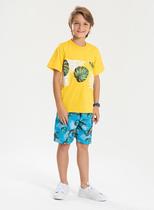 Conjunto Verão Menino Amarelo Camiseta e Bermuda Folhagens e Dinossauros