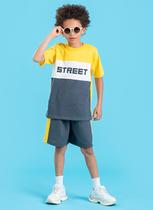 Conjunto Verão Menino Infantil Amarelo Camiseta e Bermuda Com Recorte Street