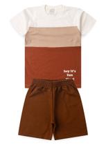 Conjunto Verão Menino Infantil Natural Camiseta e Bermuda Recortes