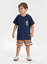 Conjunto Verão Menino Marinho Camiseta e Bermuda Com Cadarço Surf