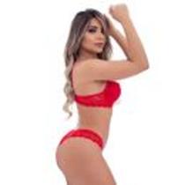 Conjunto Vermelho Fio Rendado Com Strappy E Lacinho Miss Collection