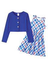 Conjunto Vestido e Cardigã Xadrez Azul PATPAT para Meninas 3-4 Anos