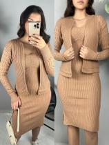 Conjunto Vestido Midi Canelado e Cardigan Tricot Modal Tramas Feminino Aerolook Moda Evangelica