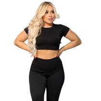 Conjunto Vih Triny Legging e Cropd Manguinha Canelado Poliéster Moda Fitness Academia Preto