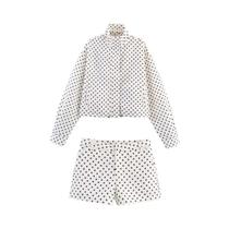 Conjunto Vintage Feminino Com Estampa De Poá, Jaqueta De Manga Longa Com Gola Alta E Shorts Em A,