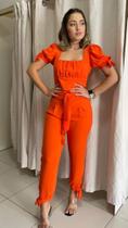 Conjunto viscose calsa e croppd manga de boneca veste cor laranja tamanho M