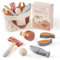 Conjunto Wooden Play Food para cortar carne e ovos ROBOTIME com saco Conjunto Wooden Play Food para cortar carne e ovos ROBOTIME com saco