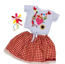 Conjunto Xadrez Feminino Infantil Camisa de Nó e Saia Xadrez Festa Junina