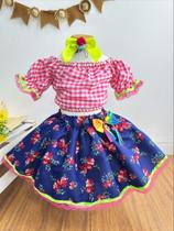 Conjunto Xadrez Junino Infantil Vermelho Azul Floral Cropped Saia Festa Junina Caipira Quadrilha