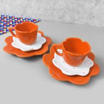 Conjunto Xícara 100 Ml Flor Laranja Poá
