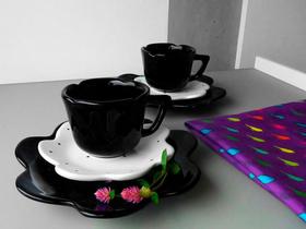 Conjunto Xícara 100 Ml Flor Preto Poá