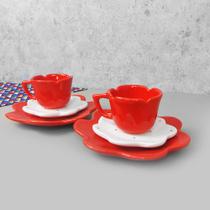 Conjunto Xícara 100 Ml Flor Vermelho Poá