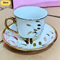Conjunto Xícara 80ml Porcelana Floral com Acabamento Dourado Estilo e Sofisticação