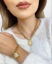 Conjuntos colar e pulseira cadeado com zircônia a Ouro Prata Ródio Negro Semi Joia Verniz Italiano Conjuntos colar e pulseira cadeado com zircônia a Ouro Prata Ródio Negro Semi Joia Verniz Italiano