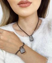 Conjuntos colar e pulseira cadeado com zircônia a Ouro Prata Ródio Negro Semi Joia Verniz Italiano Conjuntos colar e pulseira cadeado com zircônia a Ouro Prata Ródio Negro Semi Joia Verniz Italiano