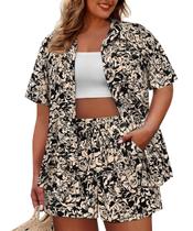 Conjuntos de 2 peças para mulheres, camisas e shorts casuais de verão com botões Conjuntos de 2 peças para mulheres, camisas e shorts casuais de verão com botões