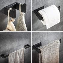 Conjuntos de acessórios de banheiro preto fosco conjunto de acessórios de banheiro 4pcs barra de toalha conjunto de ferragens montado na parede anel de toalha gancho Conjuntos de acessórios de banheiro preto fosco conjunto de acessórios de banheiro 4pcs barra de toalha conjunto de ferragens montado na parede anel de toalha gancho