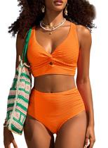 Conjuntos de biquínis femininos Herseas Twist Front Top, recorte, roupas de banho acolchoadas, texturizadas sólidas, sem fio, modernas, laranja, pequenas Conjuntos de biquínis femininos Herseas Twist Front Top, recorte, roupas de banho acolchoadas, texturizadas sólidas, sem fio, modernas, laranja, pequenas