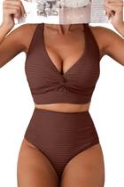Conjuntos de biquínis femininos Herseas Twist Front Top, recorte, roupas de banho acolchoadas, texturizadas sólidas, sem fio, modernas, marrons, grandes Conjuntos de biquínis femininos Herseas Twist Front Top, recorte, roupas de banho acolchoadas, texturizadas sólidas, sem fio, modernas, marrons, grandes