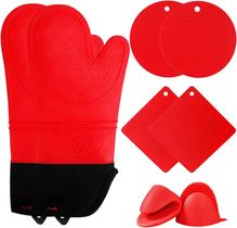 Conjuntos de luvas de forno e almofadas quentes Jumeijia, 8 unidades de luvas de forno de silicone extra longas com tapetes de tripé quentes antiderrapantes resistentes ao calor e luvas de pinça de cozinha Conjunto de suportes de panela para cozinhar co