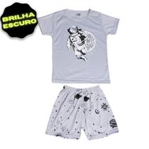 Conjuntos de Pijama Cinza Astronauta Infantil/Juvenil Masculino Camisa Manga Curta Brilha no Escuro