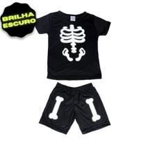 Conjuntos de Pijama Preto Esqueleto Infantil/Juvenil Masculino Camisas Manga Curta Brilha no Escuro