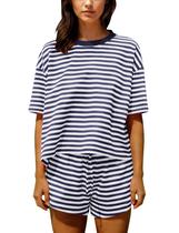 Conjuntos de shorts de pijama Ythomm para mulheres listrados, verão, azul marinho Conjuntos de shorts de pijama Ythomm para mulheres listrados, verão, azul marinho