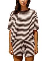 Conjuntos de shorts de pijama Ythomm para mulheres listrados, verão, marrom, algodão Conjuntos de shorts de pijama Ythomm para mulheres listrados, verão, marrom, algodão