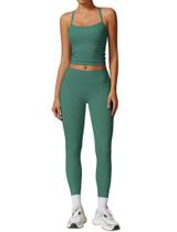 Conjuntos de treino feminino, duas peças, blusa elástica e cruzada, combinando com controle de barriga, conjunto de leggings de cintura alta, 2 peças para mulheres, academia, ioga, roupas de ginástica, roupas esportivas, verde militar
