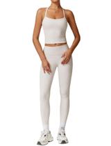 Conjuntos de treino femininos, duas peças, sem costura, elástica, cruzada, combinando com controle de barriga, conjunto de leggings de cintura alta, 2 peças para mulheres, academia, ioga, roupas de ginástica, roupas esportivas, cinza claro, L