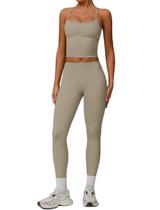 Conjuntos de treino femininos, duas peças, sem costura, elástica e cruzada, combinando com controle de barriga, conjunto de leggings de cintura alta, 2 peças para mulheres, academia, ioga, roupas de ginástica, roupas esportivas, marrom claro, L