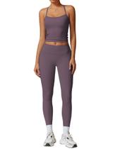 Conjuntos de treino femininos, duas peças, sem costura, elástica e cruzada, combinando com controle de barriga, conjunto de leggings de cintura alta, 2 peças para mulheres, academia, ioga, roupas de ginástica, roupas esportivas, roxas
