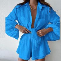 Conjuntos De Verão Femininos De 2 Peças, Blusa Solta De Manga Longa Com Botões E Shorts