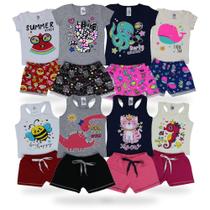 Conjuntos Infantil Menina Roupa de Criança Blusa 4 Manga curta 4 Regata + 8 Shorts Liso e Estampado