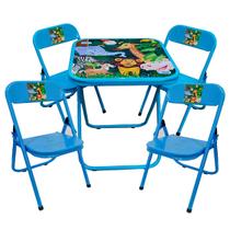 Conjutno Mesa Mesinha Infantil e 4 Cadeiras Dobrável Até 40 Kg Azul Estampa Floresta