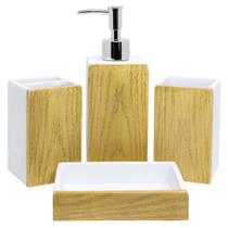 Conjuto 4 utensilios de banheiro feito de resina e detalhes em madeira cor branca