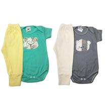 Conjuto Body e Calca Body Manga Curta Bebe Kit4 Peças Roupa Infantil Bordado Mijao Liso Vira Pé Menino 100 Algodão Enxoval dia a dia Maternidade