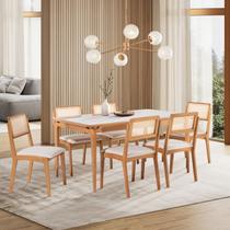 Conjuto Sala de Jantar com 1 Mesa Tampo Laminado com Vidro 160cm e 6 Cadeiras Verona Bege/Cru/Verniz Mel Conjuto Sala de Jantar com 1 Mesa Tampo Laminado com Vidro 160cm e 6 Cadeiras Verona Bege/Cru/Verniz Mel