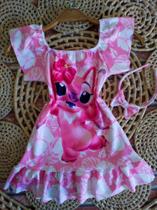 Conjuto Vestido Feminino Infantil Lilo Stich De Verão Banho Com Arquinho!