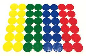 Contadores de plástico (48): Tokens de jogos de cores azuis, vermelhas, amarelas e verdes (moedas de plástico coloridas duras, marcadores e discos para fichas de bingo, piscadelas tímidas e outras peças de jogo de tabuleiro)