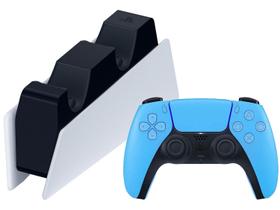 Controle PS5 sem Fio DualSense Sony Starlight - Blue + Estação de Carregamento para Controle