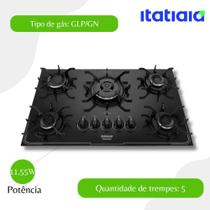 Cooktop 5 Bocas Tripla Chama Vidro Temperado Itatiaia Itamaster Preto - Bivolt