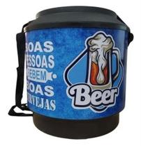 Cooler Térmico Redondo 30 Latas Adesivado Azul Para Cerveja Com Alça De Nylon
