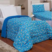 Coordenado Coberdrom Edredom e Lençol Solteiro 3 Peças Pets - Azul - 100% Poliéster