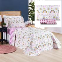 Coordenado Cobre Leito e Lençol Kidsteem Solteiro Rainbow 5 Pçs - 100% Poliéster