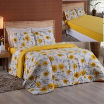 Coordenado Edredom E Lençol Queen Malha Fio Penteado Amarelo